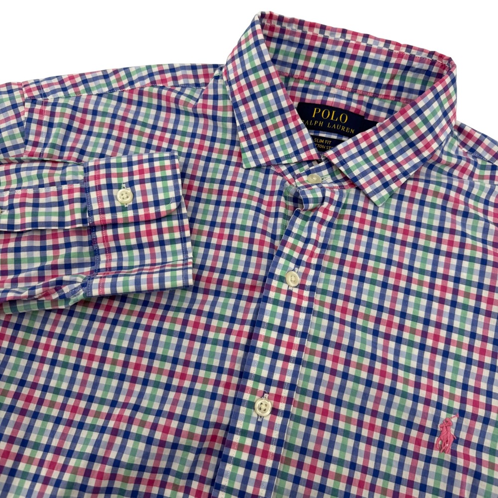 Polo Ralph Lauren Button Down Mens Large Multicolor Slim Fit Gingham Stretch